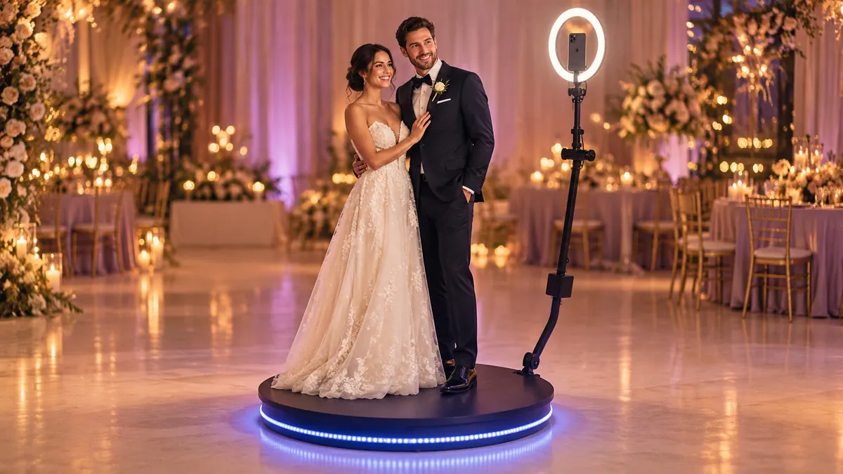 Illustrative scene of a motorized 360 video booth setup at a wedding reception