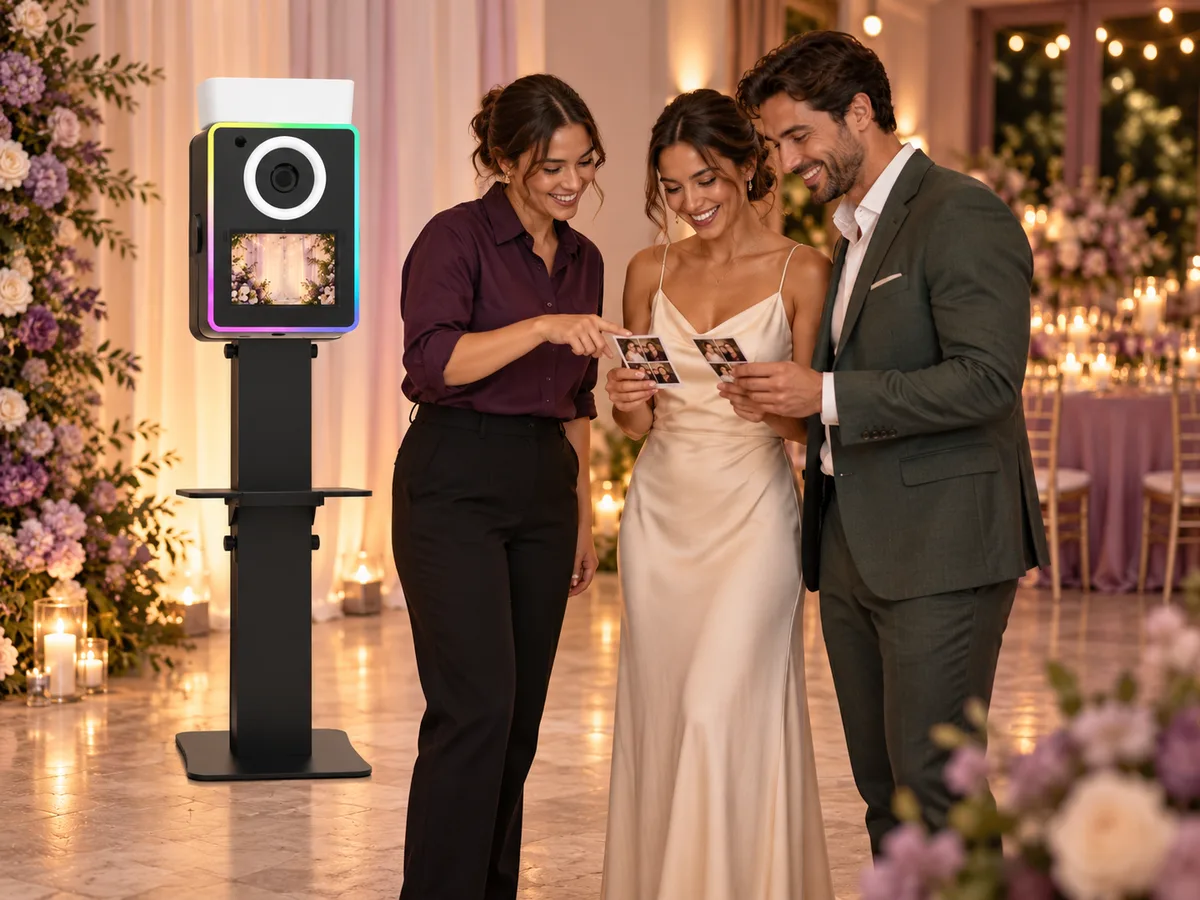 Illustrative scene of an attendant helping two guests with photo keepsakes beside a Lumia M Pro booth