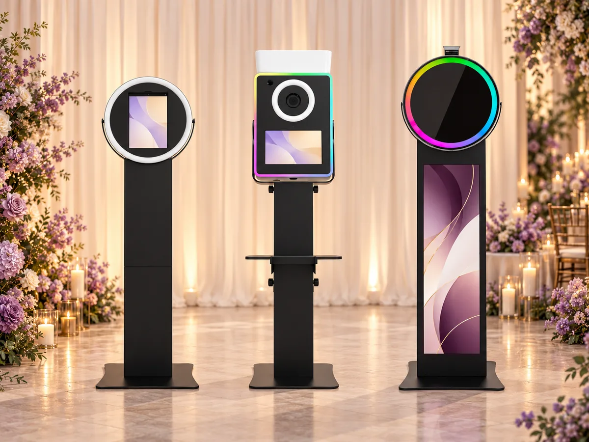 Illustrative lineup of Helio Sport, Lumia M Pro and Posh Pro photo booths in an event setting