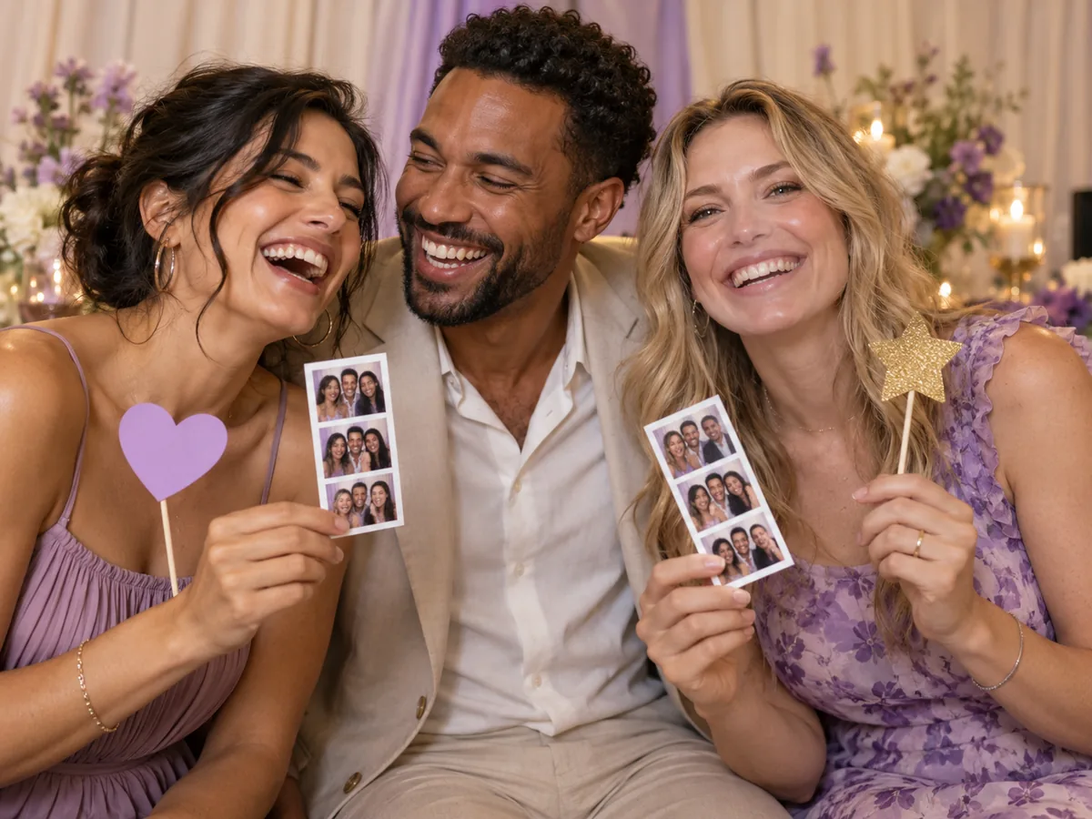 Illustrative scene of three friends laughing with printed photo strips, a heart prop and a star prop