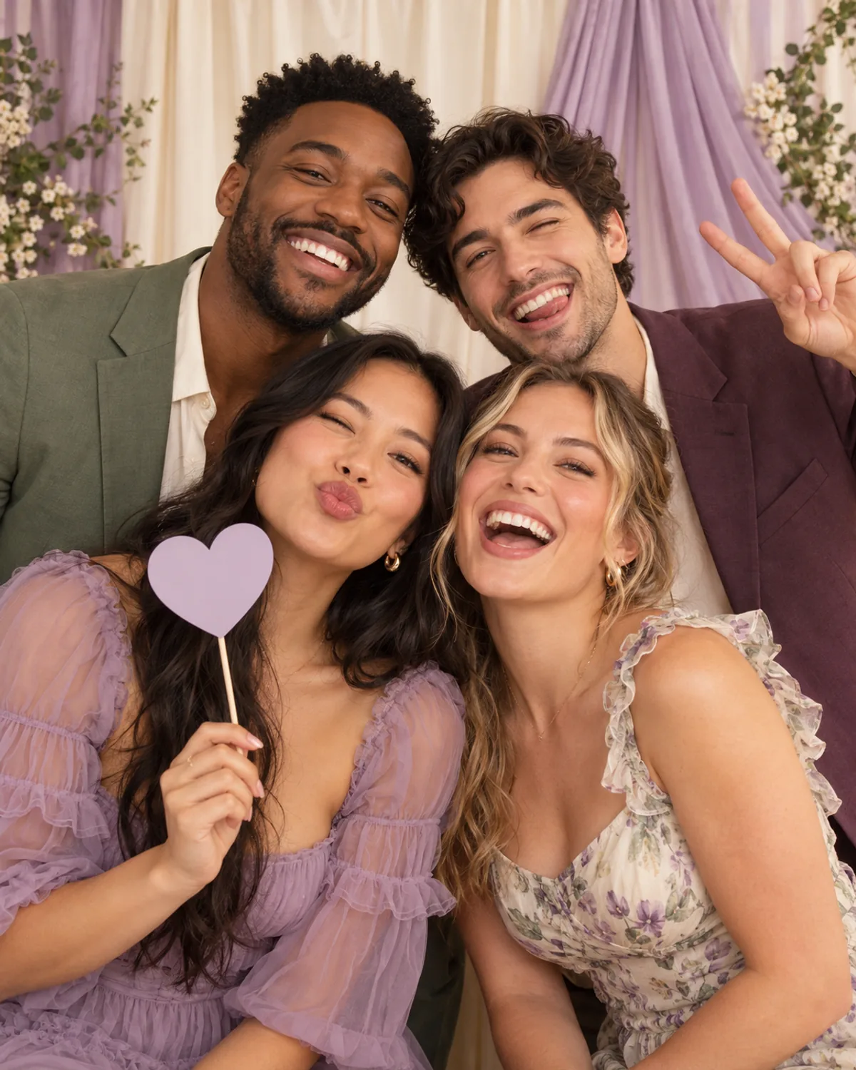 Illustrative scene of friends posing closely together for an event photo