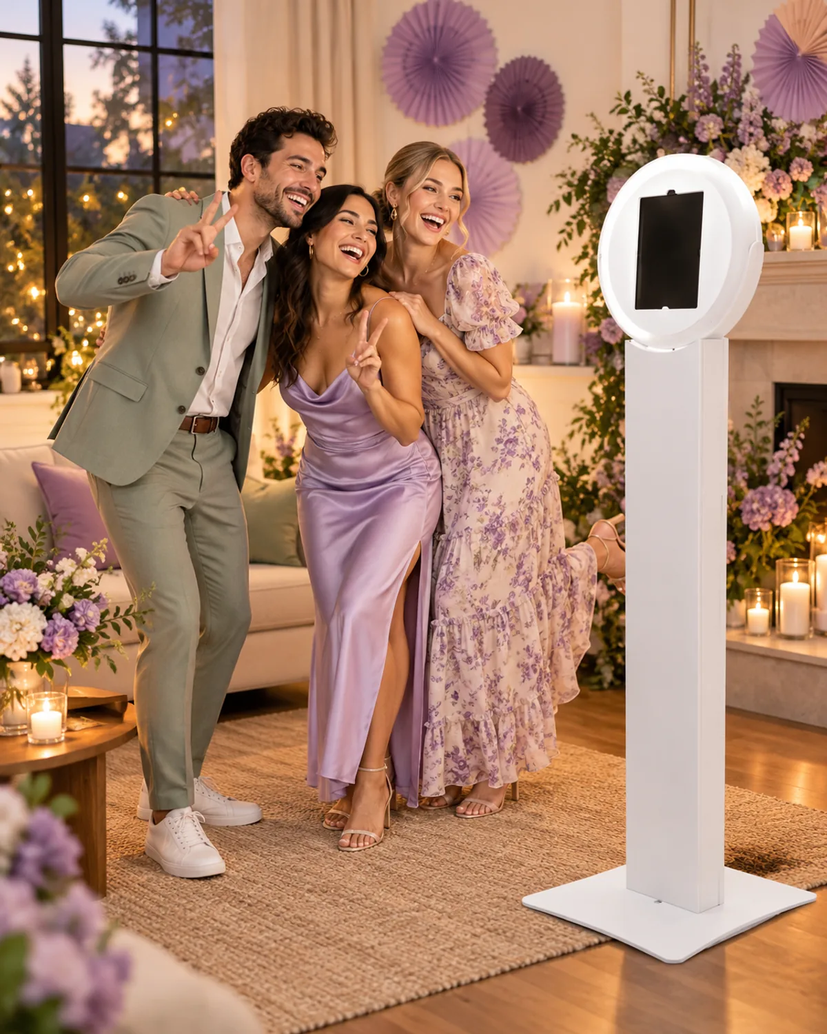 Illustrative scene of friends enjoying a white Helio photo booth at a house party