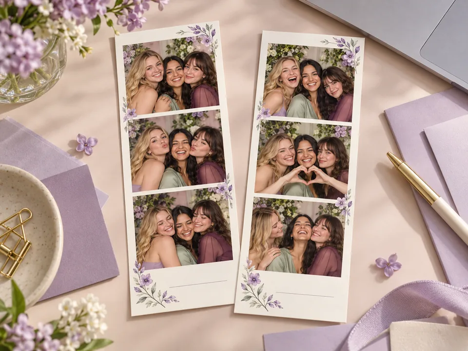Illustrative floral photo-strip layouts with blank space for event personalization