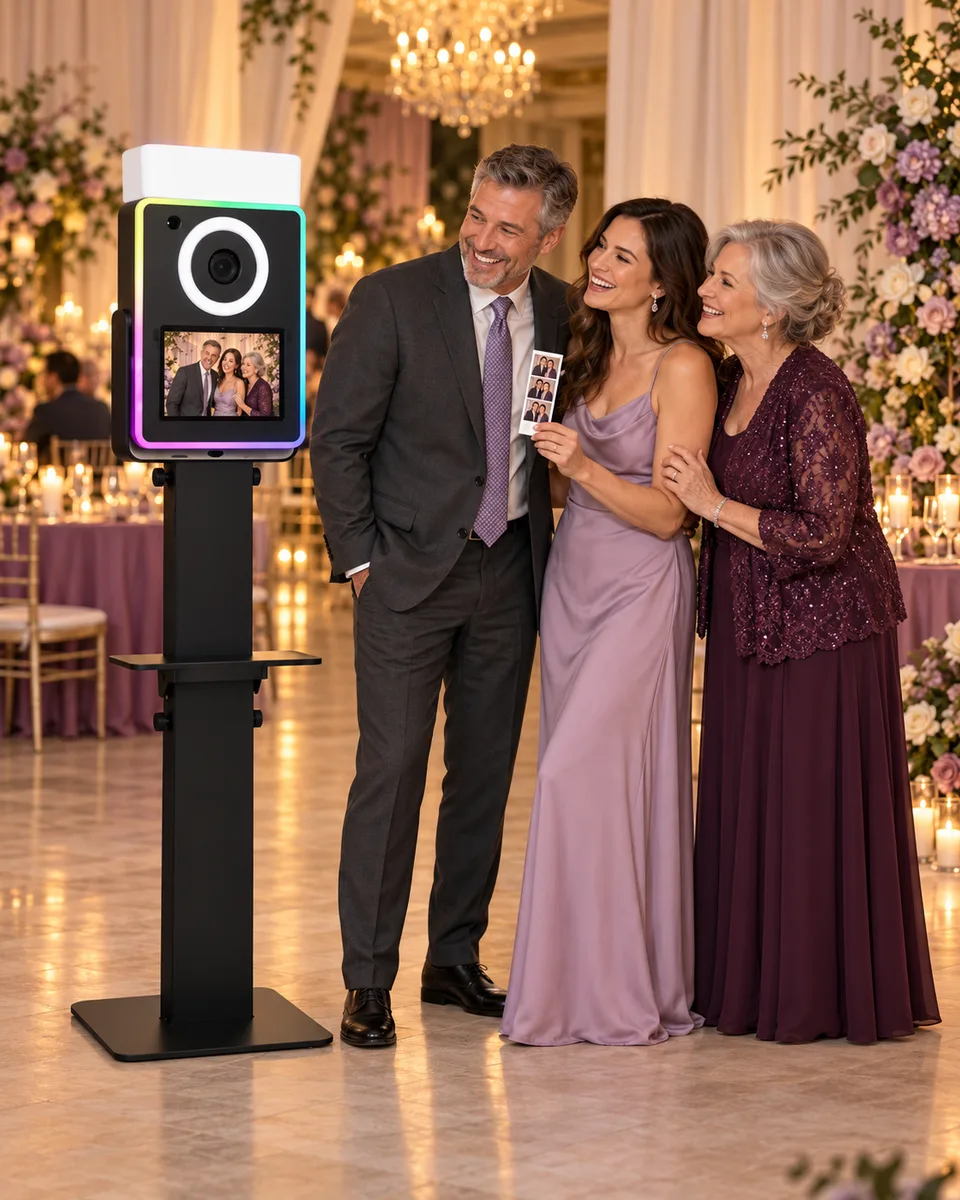 Illustrative indoor family banquet with three adults beside a Lumia M Pro photo booth