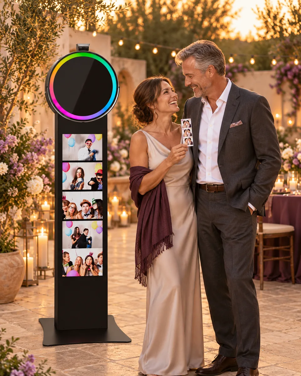 Illustrative courtyard anniversary celebration with a couple beside a Posh Pro photo booth