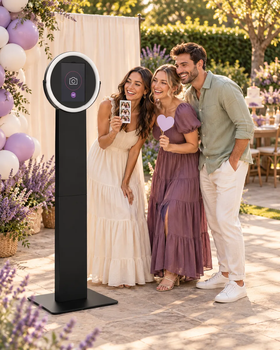 Illustrative backyard birthday party with three friends beside a Helio Sport photo booth