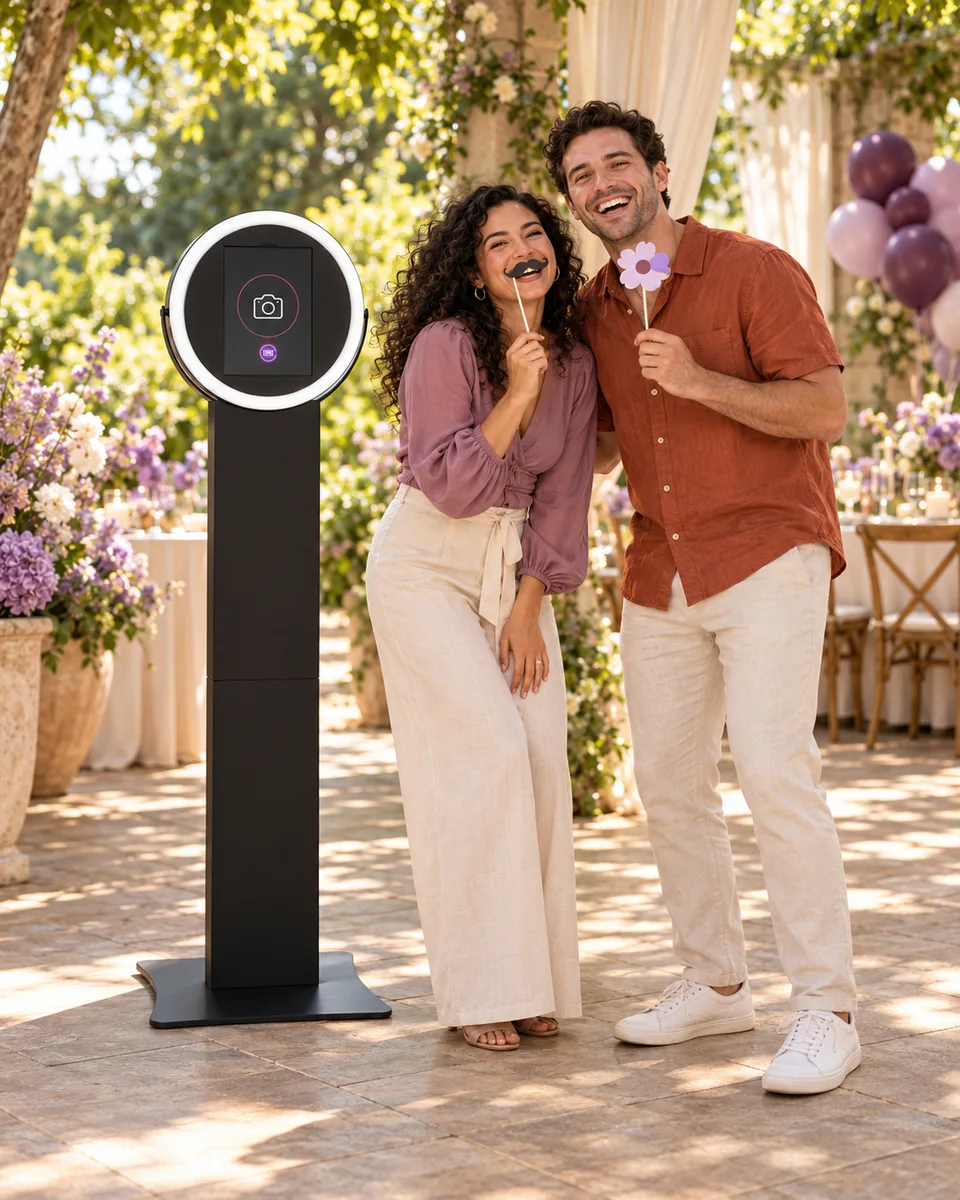 Illustrative sunny outdoor birthday scene with two friends beside a Helio Sport photo booth
