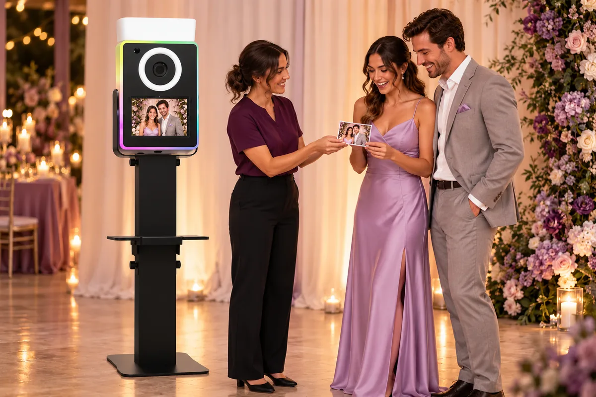 Illustrative full-service experience with an attendant helping two guests use a Lumia M Pro photo booth