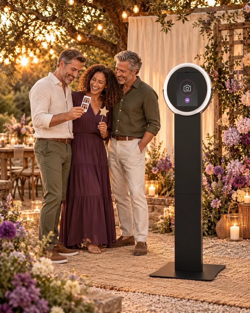 Illustrative rustic garden party with three friends beside a Helio Sport photo booth