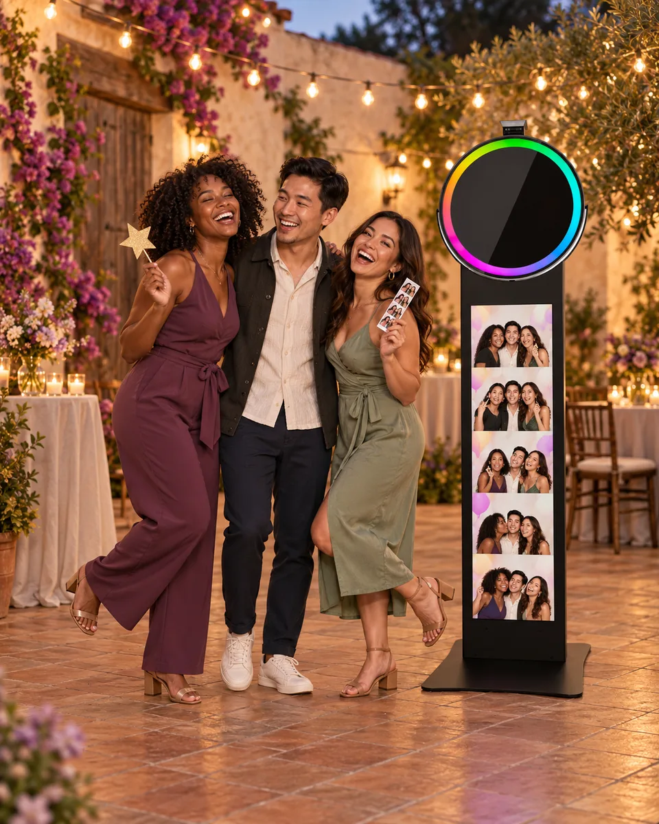 Illustrative rustic courtyard gathering with three friends beside a Posh Pro photo booth