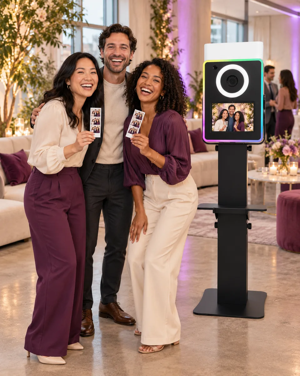 Illustrative modern company party with three coworkers beside a Lumia M Pro photo booth