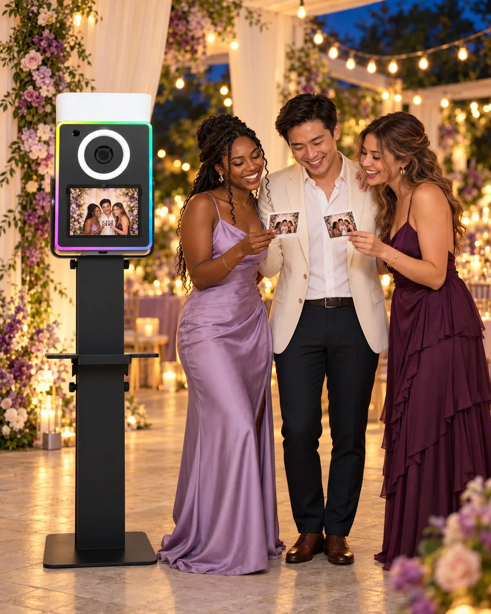 Illustrative evening garden reception with three guests beside a Lumia M Pro photo booth