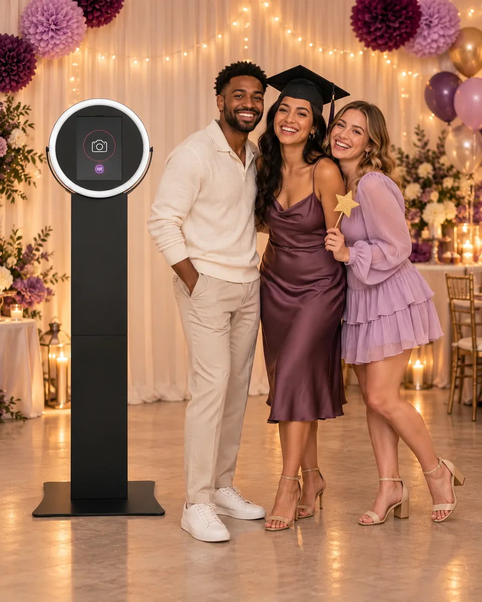 Illustrative indoor graduation celebration with three adults beside a Helio Sport photo booth