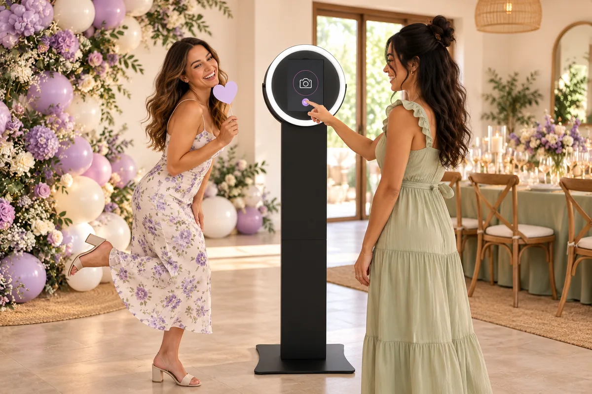 Illustrative self-service experience with two adult friends operating a Helio Sport photo booth