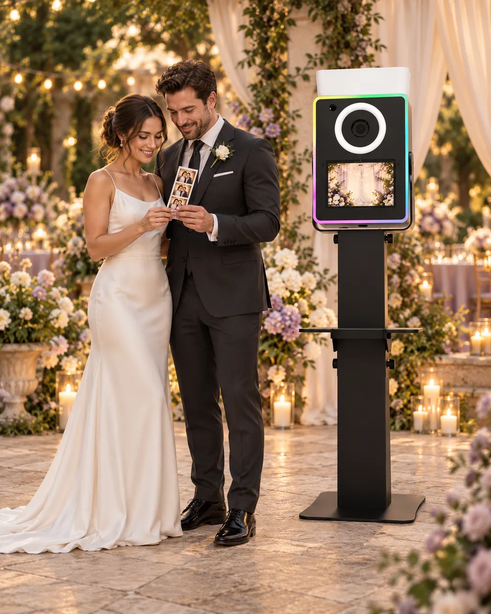 Illustrative garden wedding scene with a couple beside a Lumia M Pro photo booth