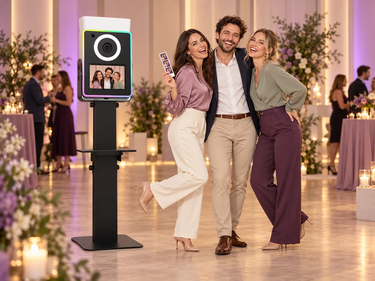 Illustrative scene of three coworkers celebrating beside a Lumia M Pro photo booth and holding a printed photo strip