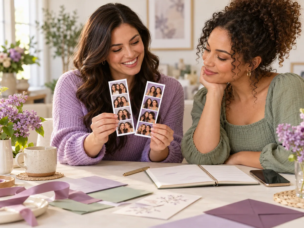 Illustrative scene of hosts planning a celebration with sample photo strips