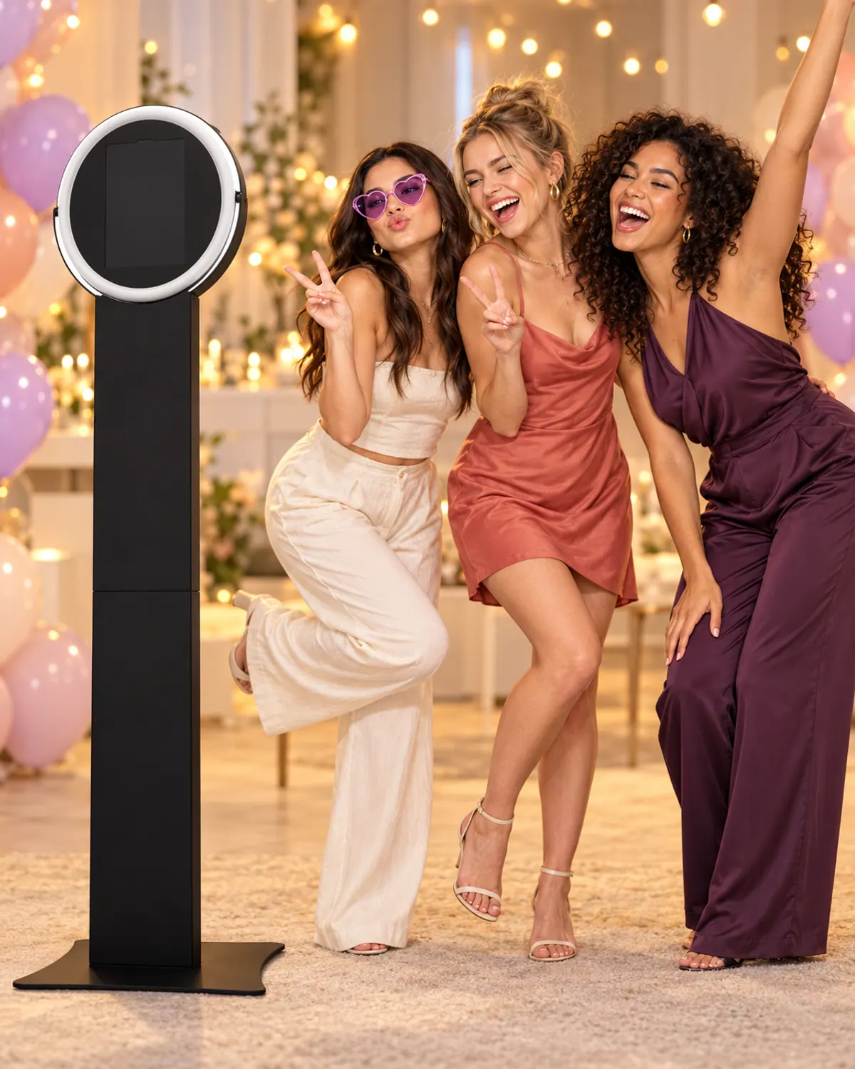 Illustrative scene of adults recording a playful digital photo booth clip