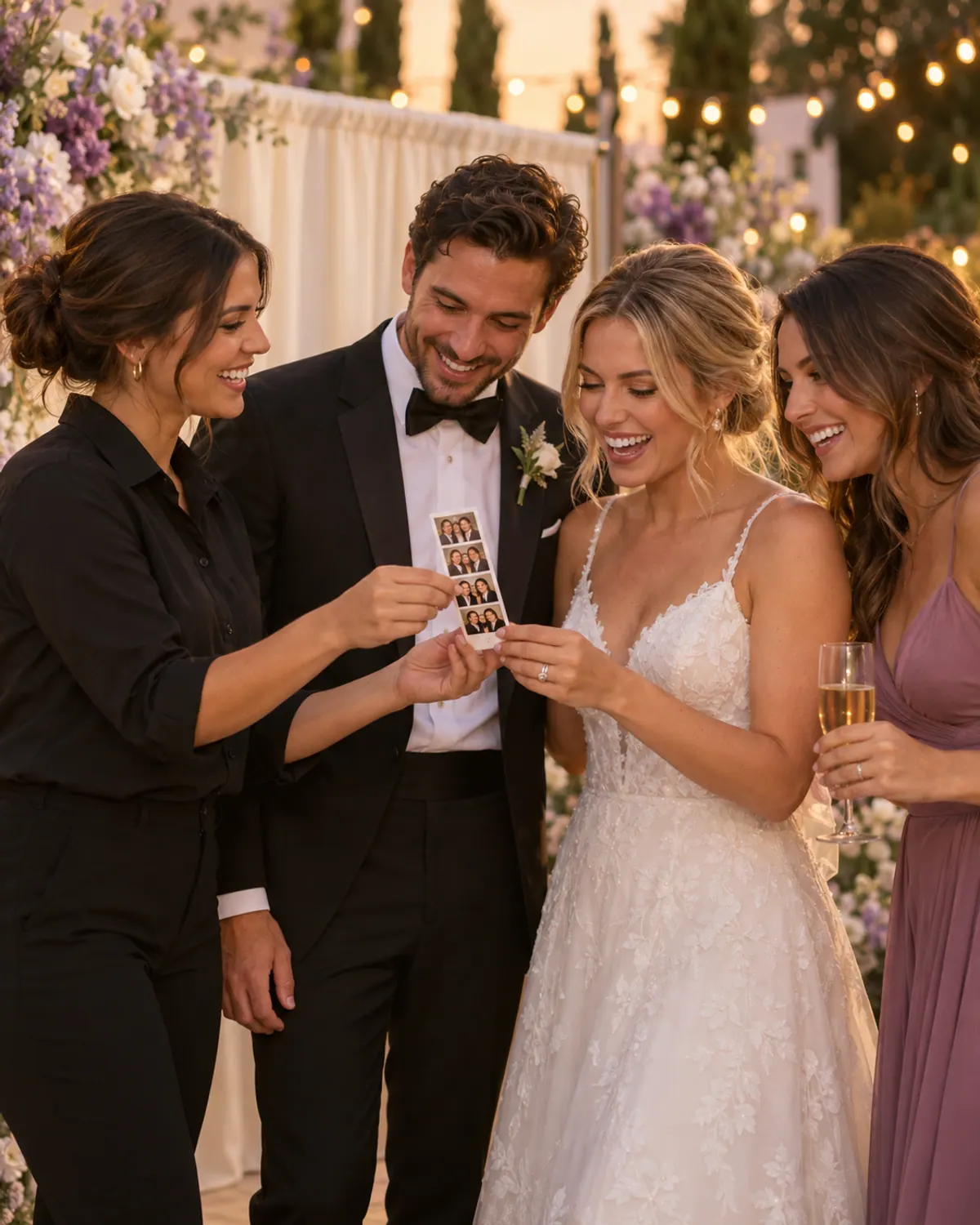 Illustrative scene of an attendant giving a photo print to a bridal couple