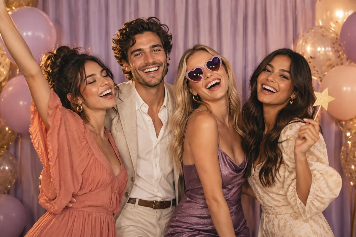 Illustrative scene of friends making memories at a birthday photo booth