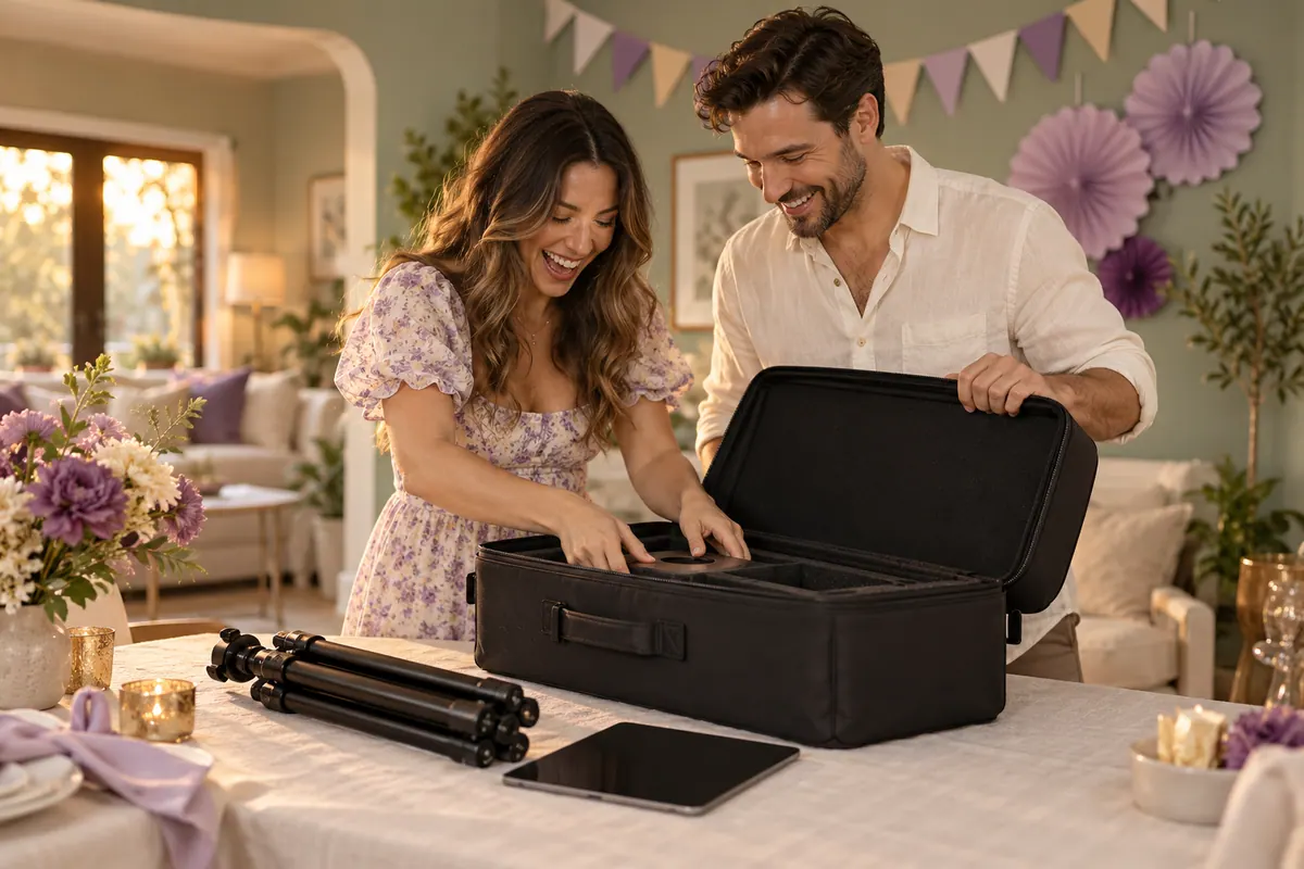 Illustrative scene of a family opening a portable photo booth kit before their celebration