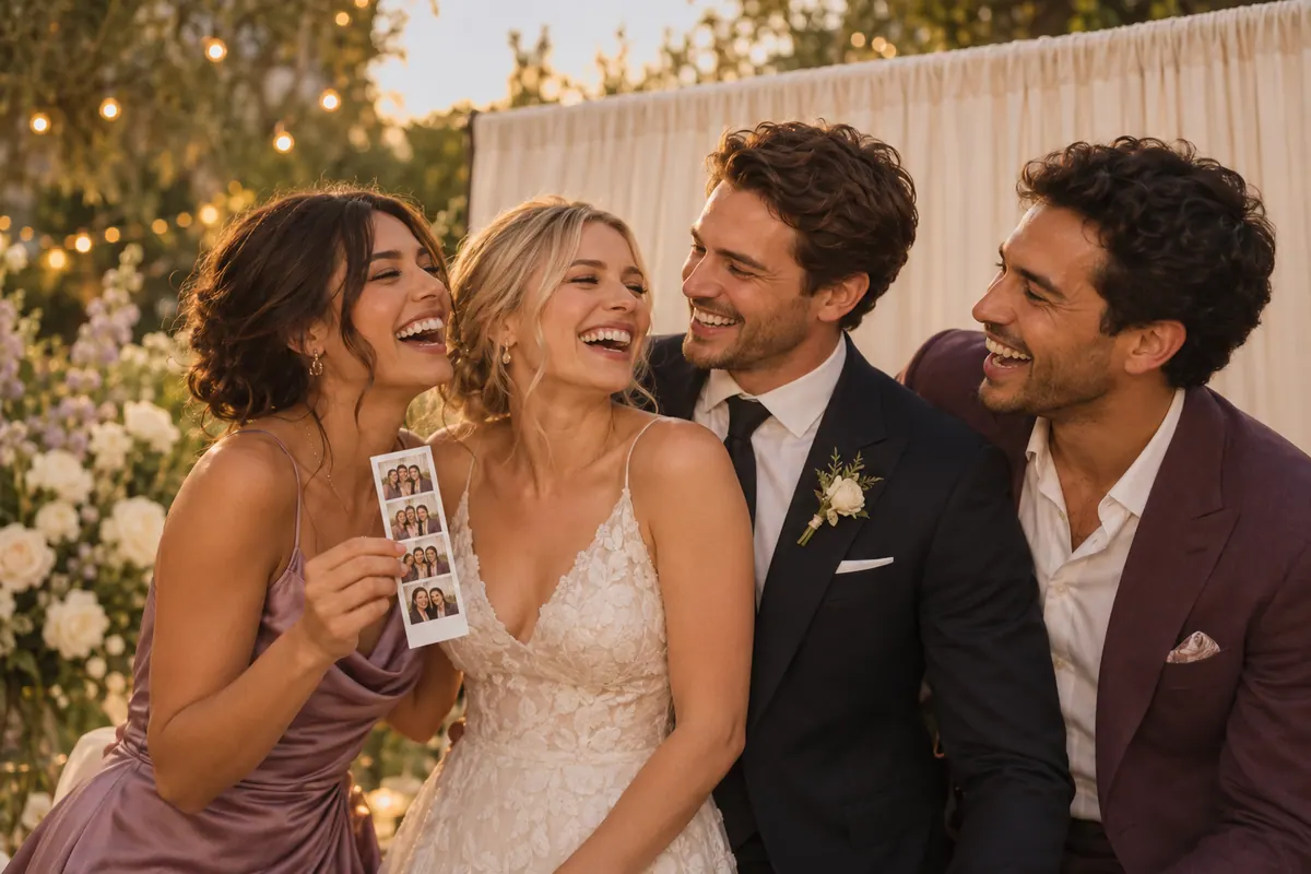 Illustrative scene of wedding guests celebrating with printed photo strips