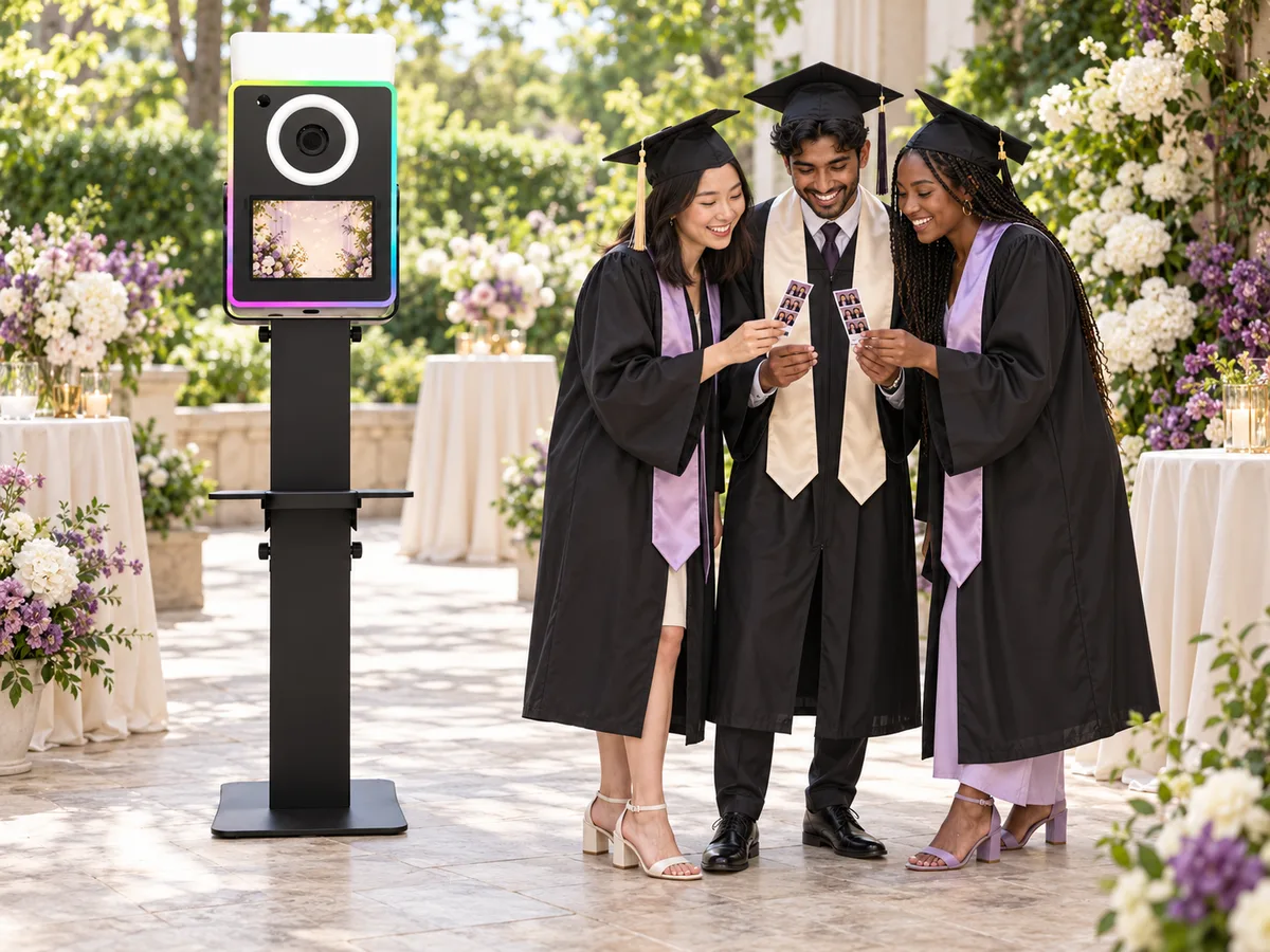 Illustrative graduation celebration with three adult graduates beside a Lumia M Pro photo booth