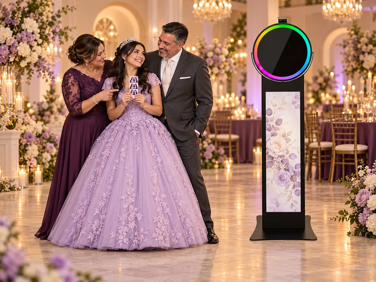 Illustrative quinceañera scene with the honoree and her parents beside a Posh Pro photo booth