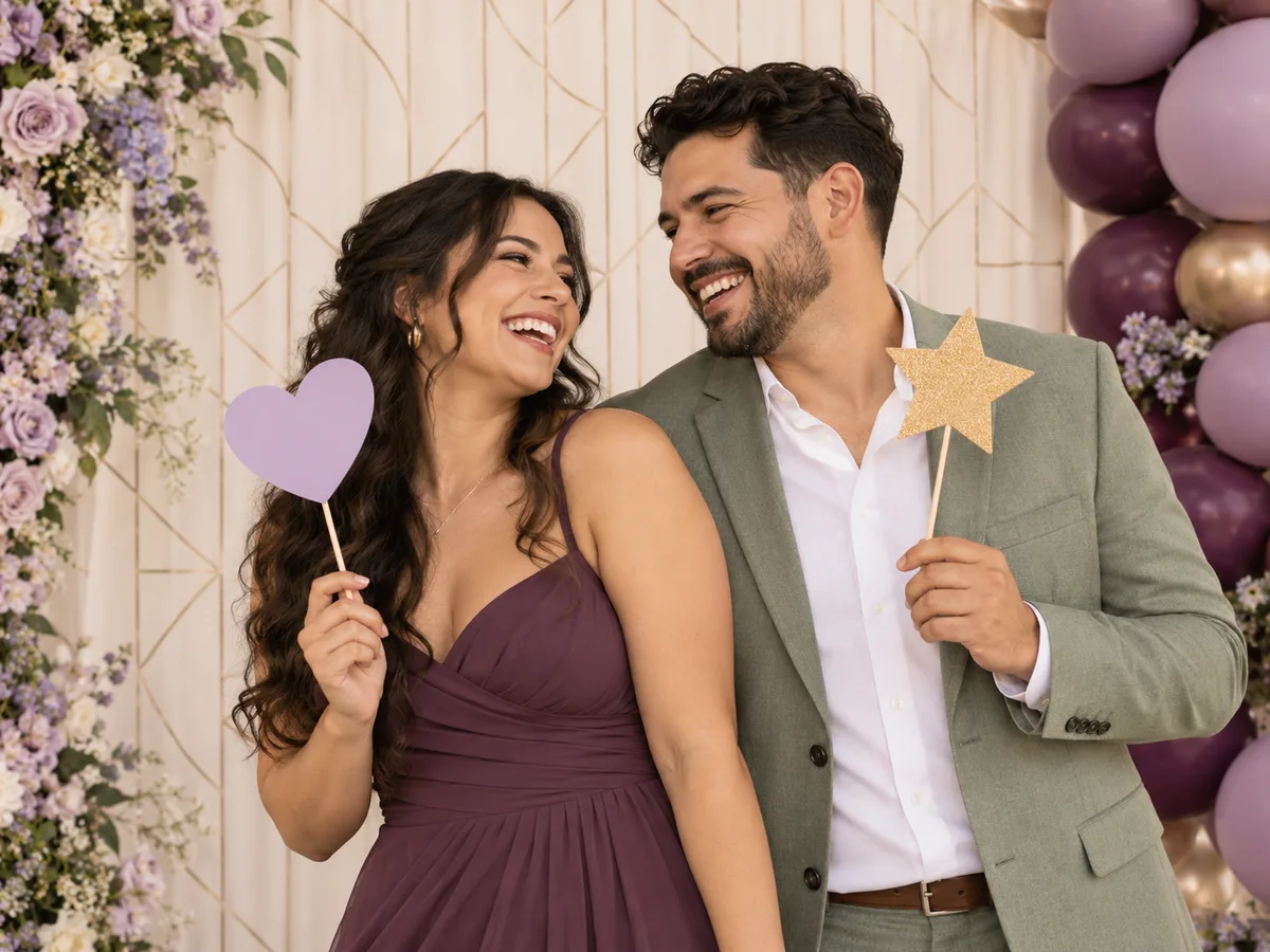 Illustrative scene of two guests laughing with heart and star props in a decorated photo corner