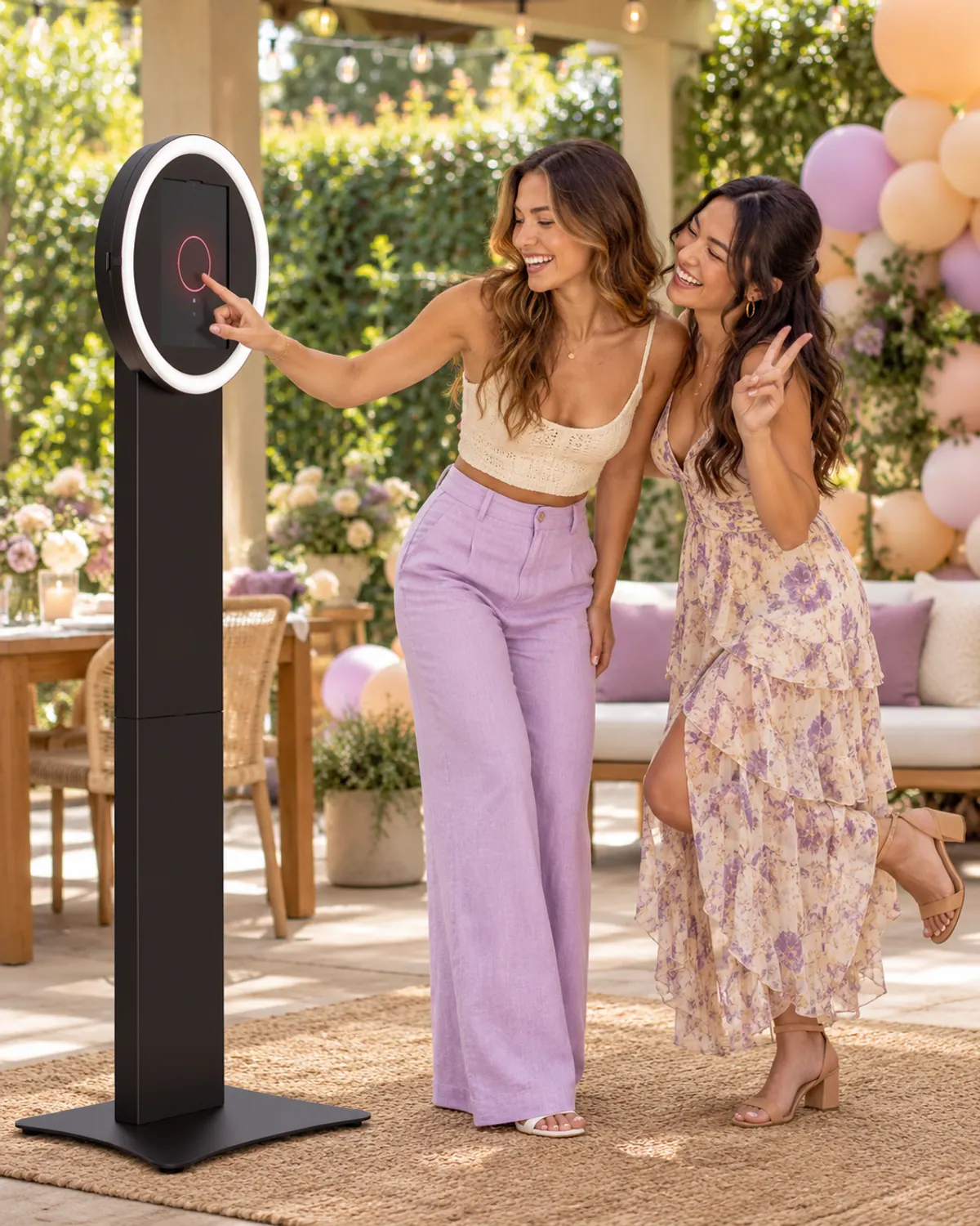 Illustrative scene of guests operating a Helio Sport booth at a backyard birthday party