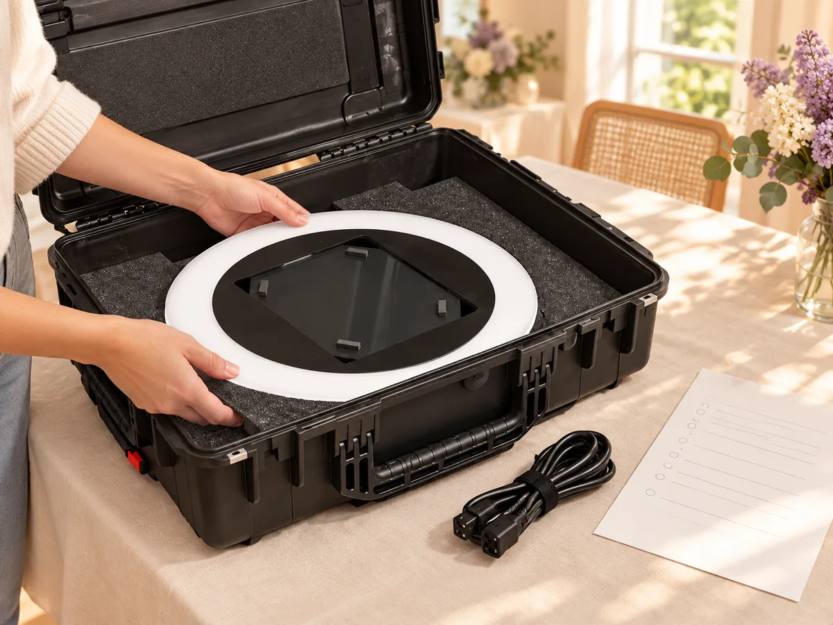 Illustrative scene of hands placing a detached Helio photo booth head into a protective case